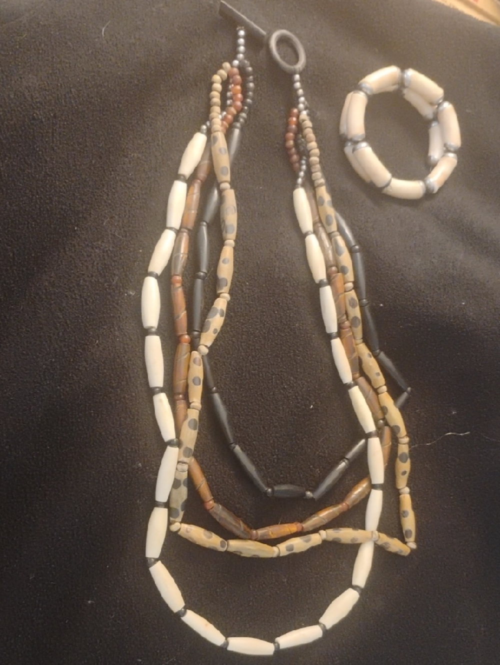 Multi-Strand Beaded Necklace and Bracelet Set — Neutral Cream & Brown